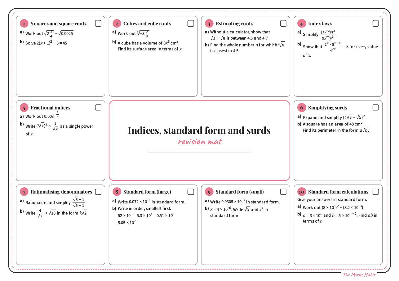 Revision mat: indices, standard form and surds, Extend, first page