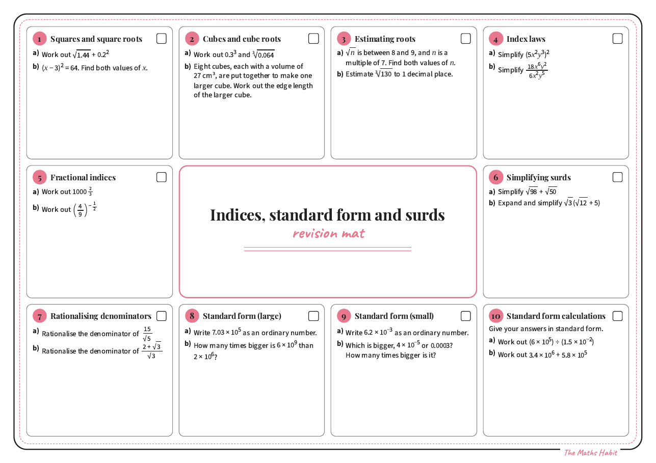 Revision mat: indices, standard form and surds, Stretch, first page