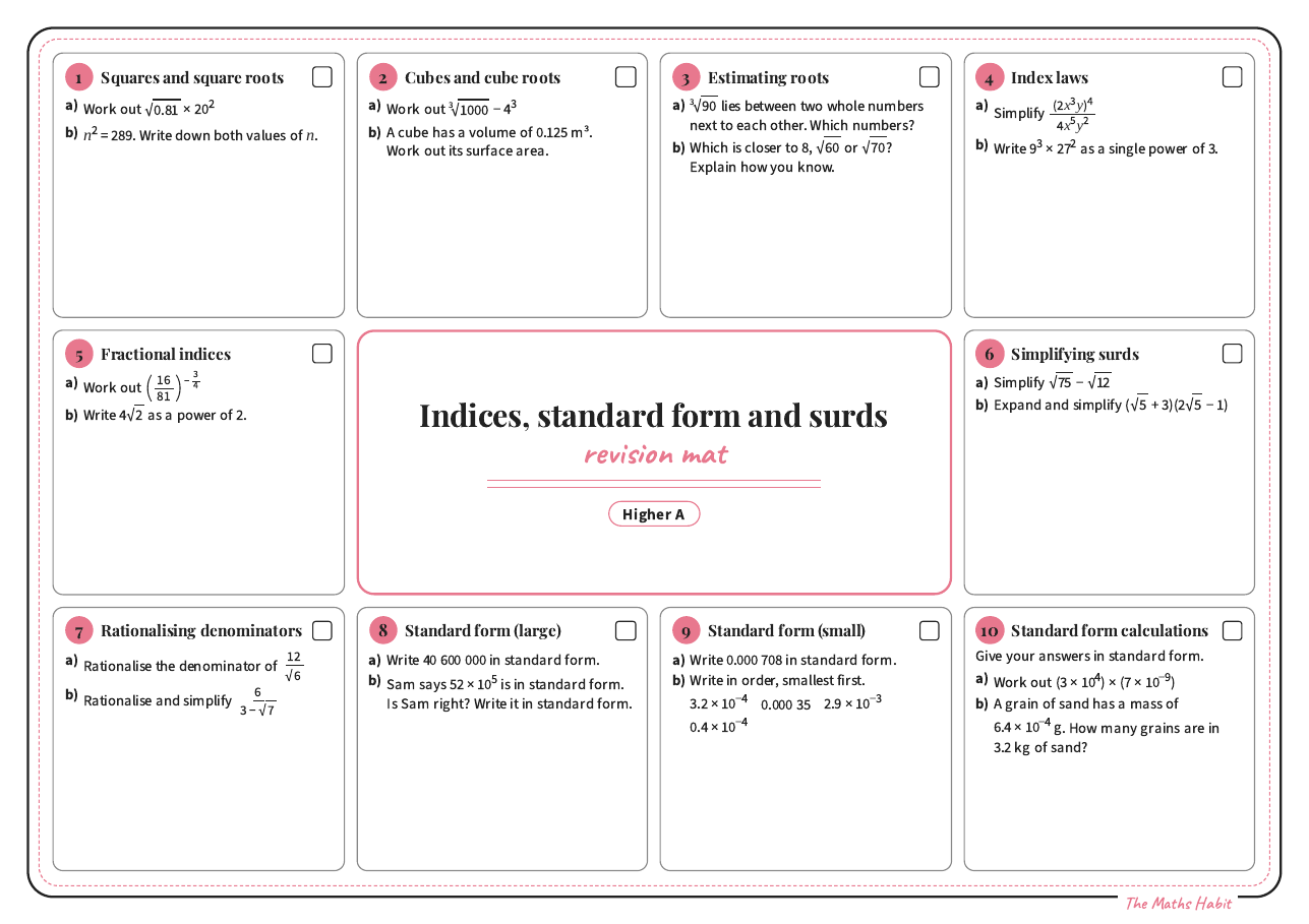 Revision mat: indices, standard form and surds, Higher A, first page