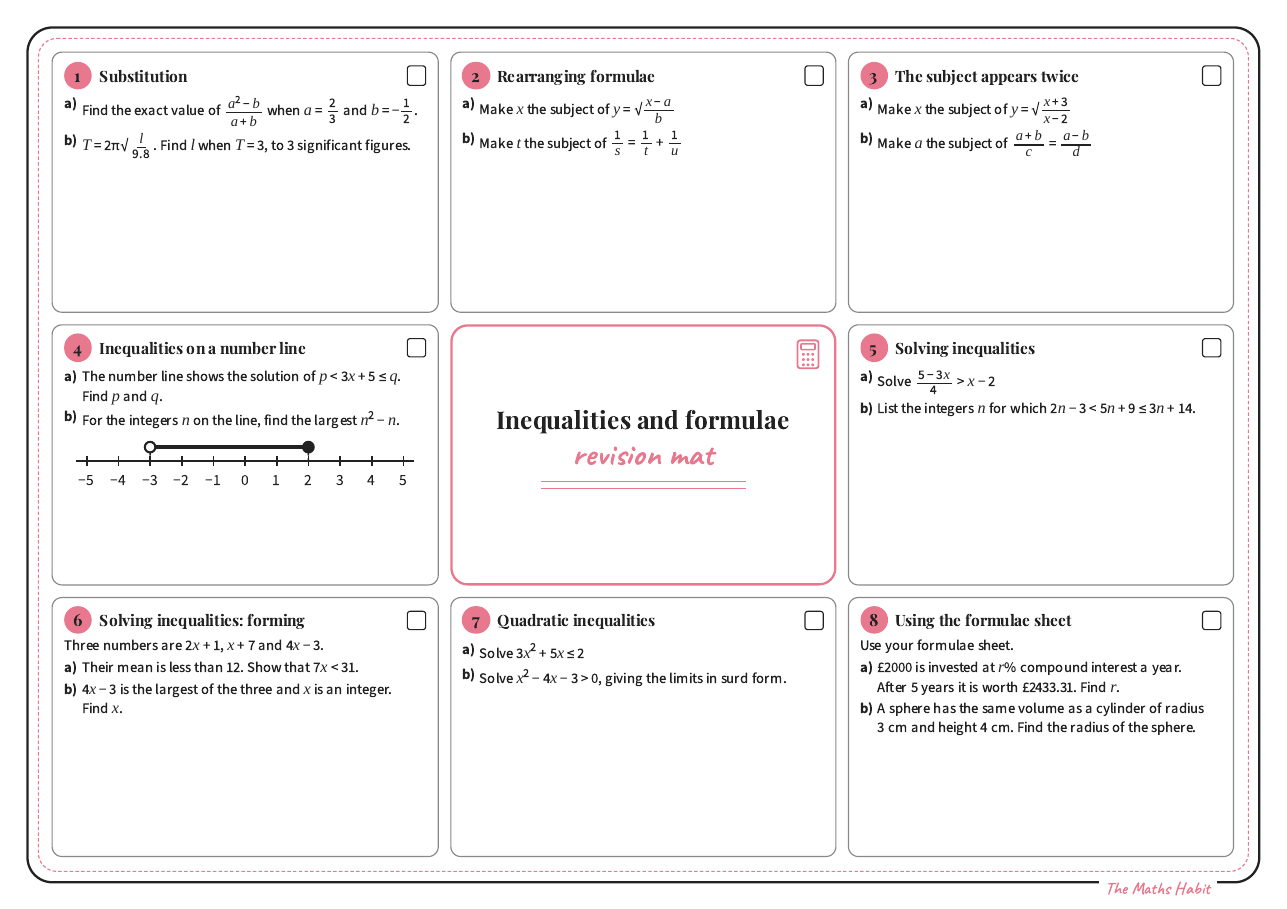 Revision mat: inequalities and formulae, Extend, first page