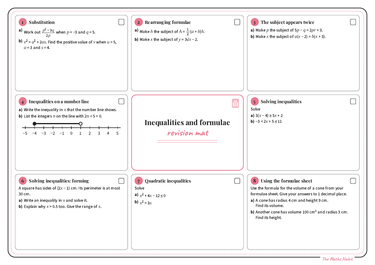 Revision mat: inequalities and formulae, Stretch, first page