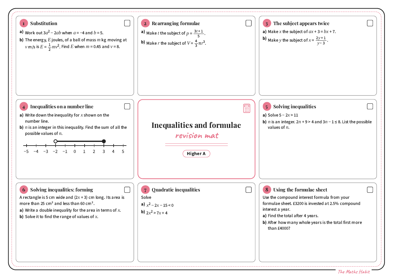 Revision mat: inequalities and formulae, Higher A, first page
