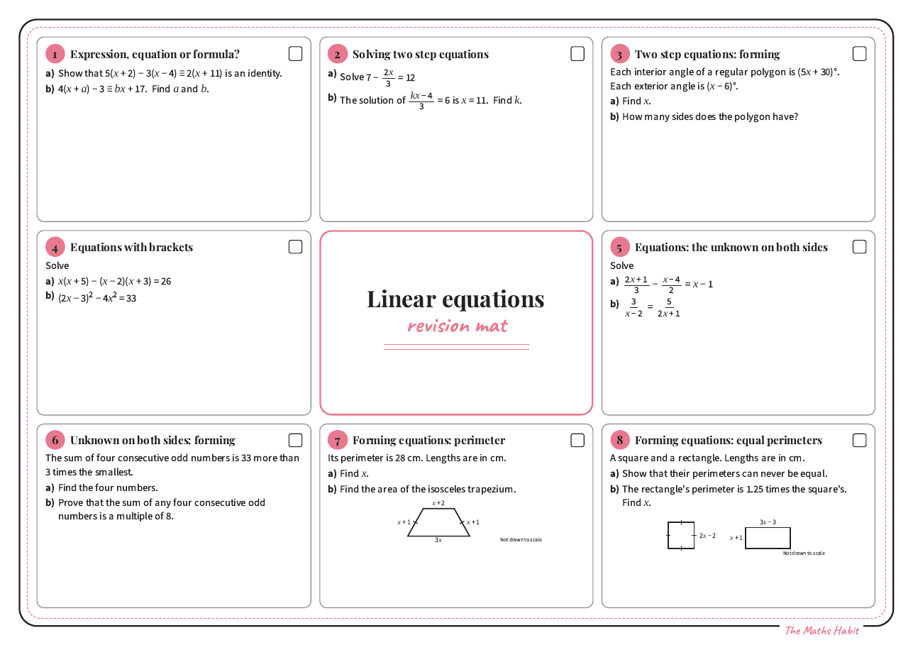 Revision mat: linear equations, Extend, first page
