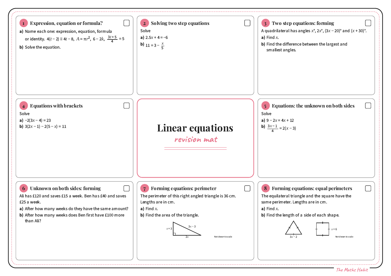 Revision mat: linear equations, Stretch, first page