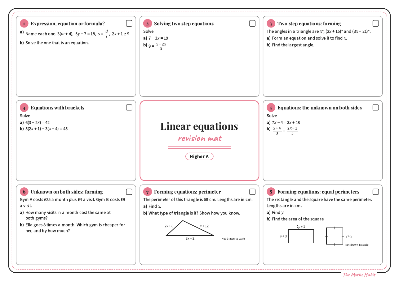 Revision mat: linear equations, Higher A, first page