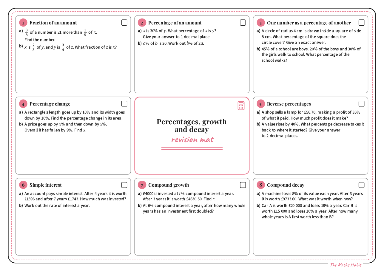 Revision mat: percentages, growth and decay, Extend, first page