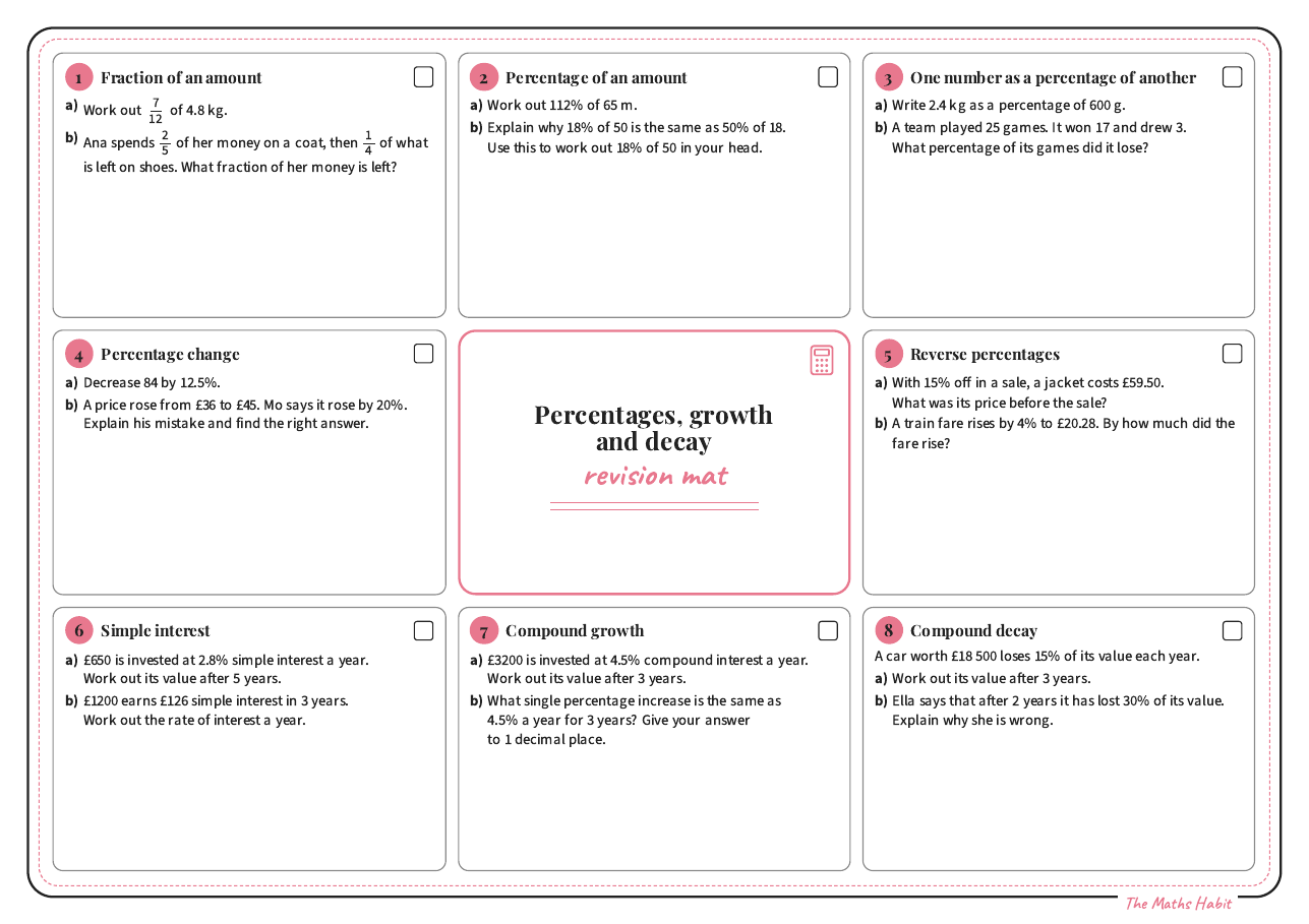 Revision mat: percentages, growth and decay, Stretch, first page