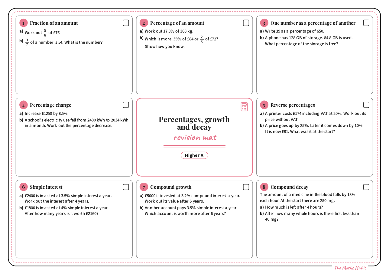 Revision mat: percentages, growth and decay, Higher A, first page