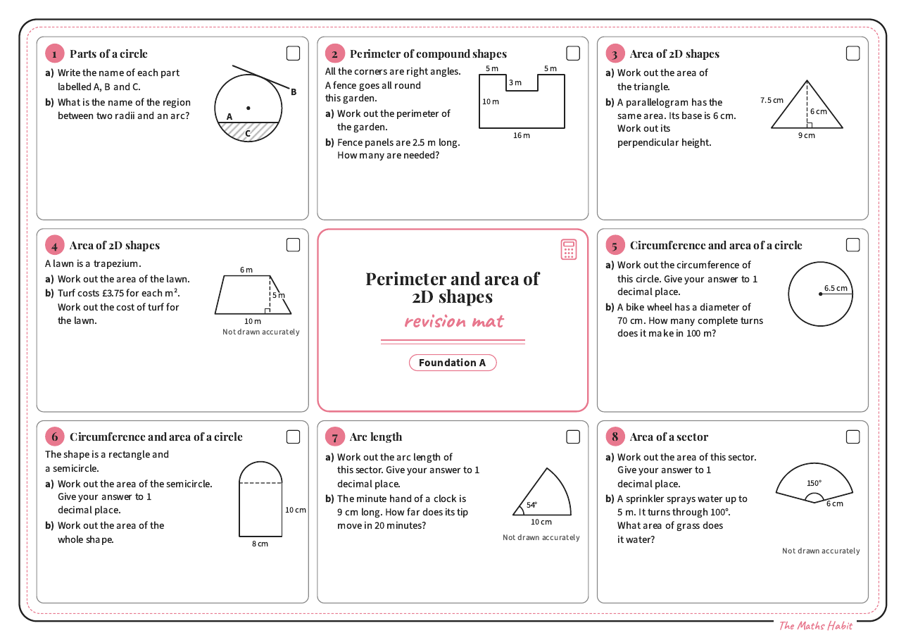 Revision mat: perimeter and area of 2D shapes, Foundation A, first page