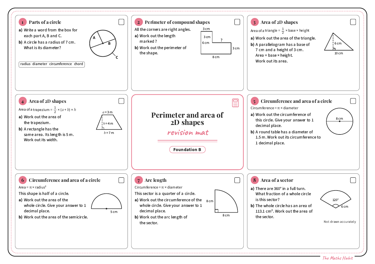 Revision mat: perimeter and area of 2D shapes, Foundation B, first page