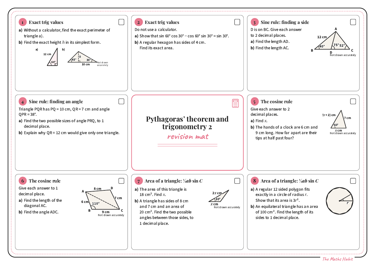 Revision mat: Pythagoras’ theorem and trigonometry 2, Extend, first page