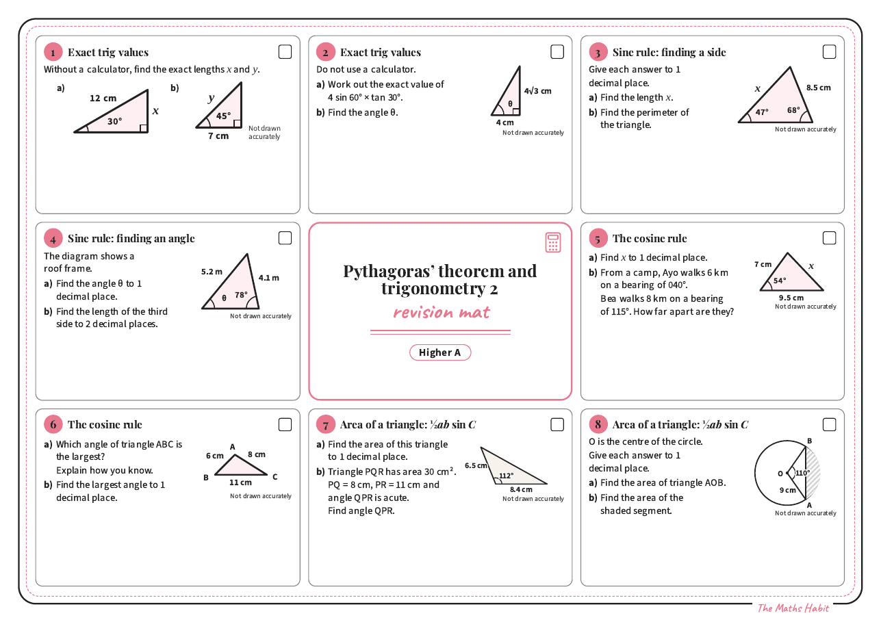 Revision mat: Pythagoras’ theorem and trigonometry 2, Higher A, first page