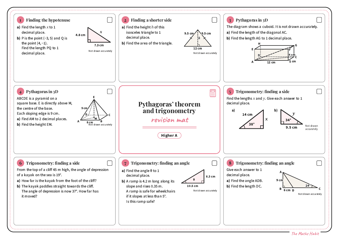 Revision mat: Pythagoras’ theorem and trigonometry, Higher A, first page