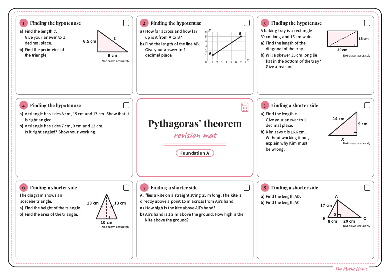 Revision mat: Pythagoras’ theorem, Foundation A, first page