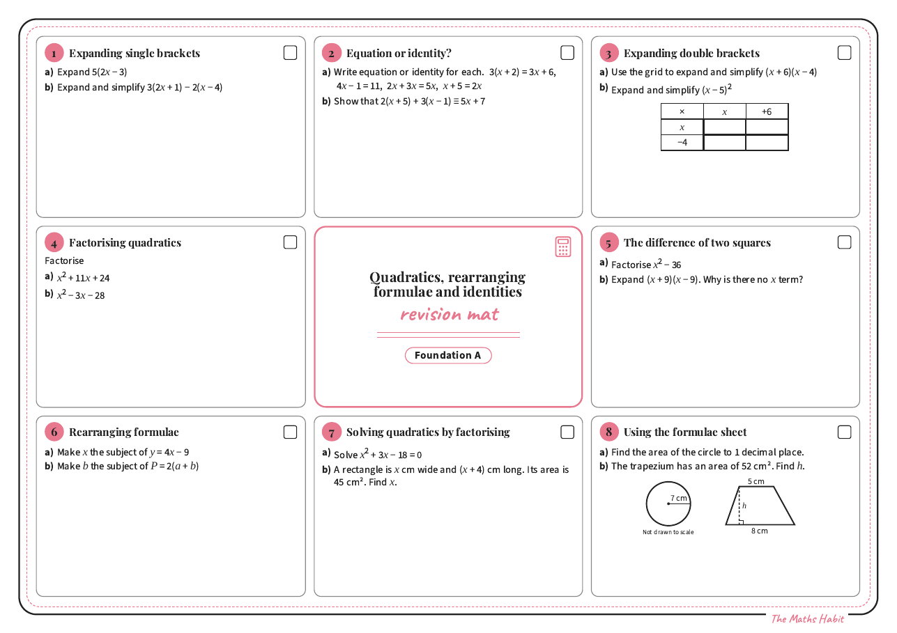 Revision mat: quadratics, rearranging formulae and identities, Foundation A, first page