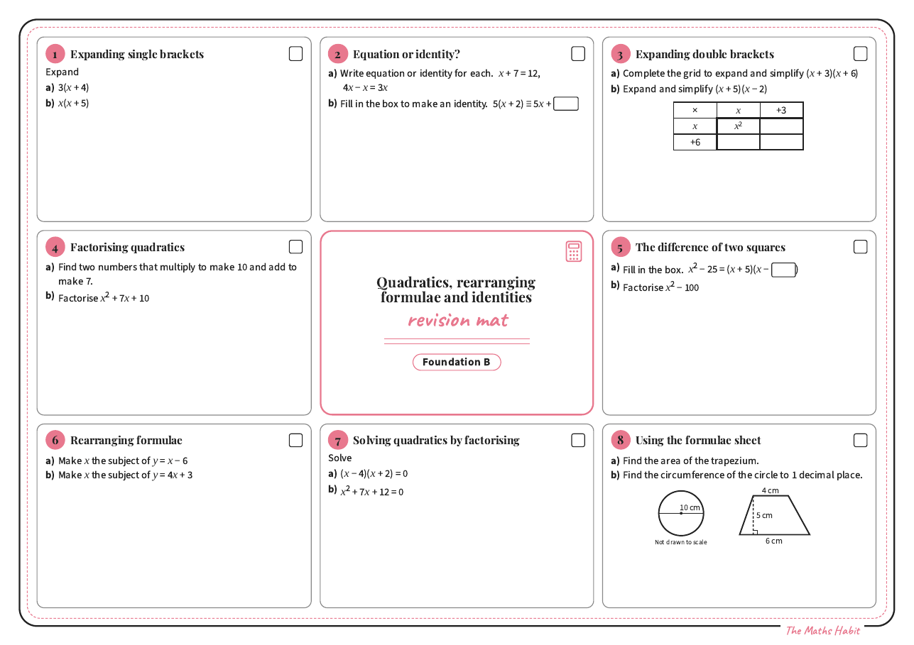 Revision mat: quadratics, rearranging formulae and identities, Foundation B, first page