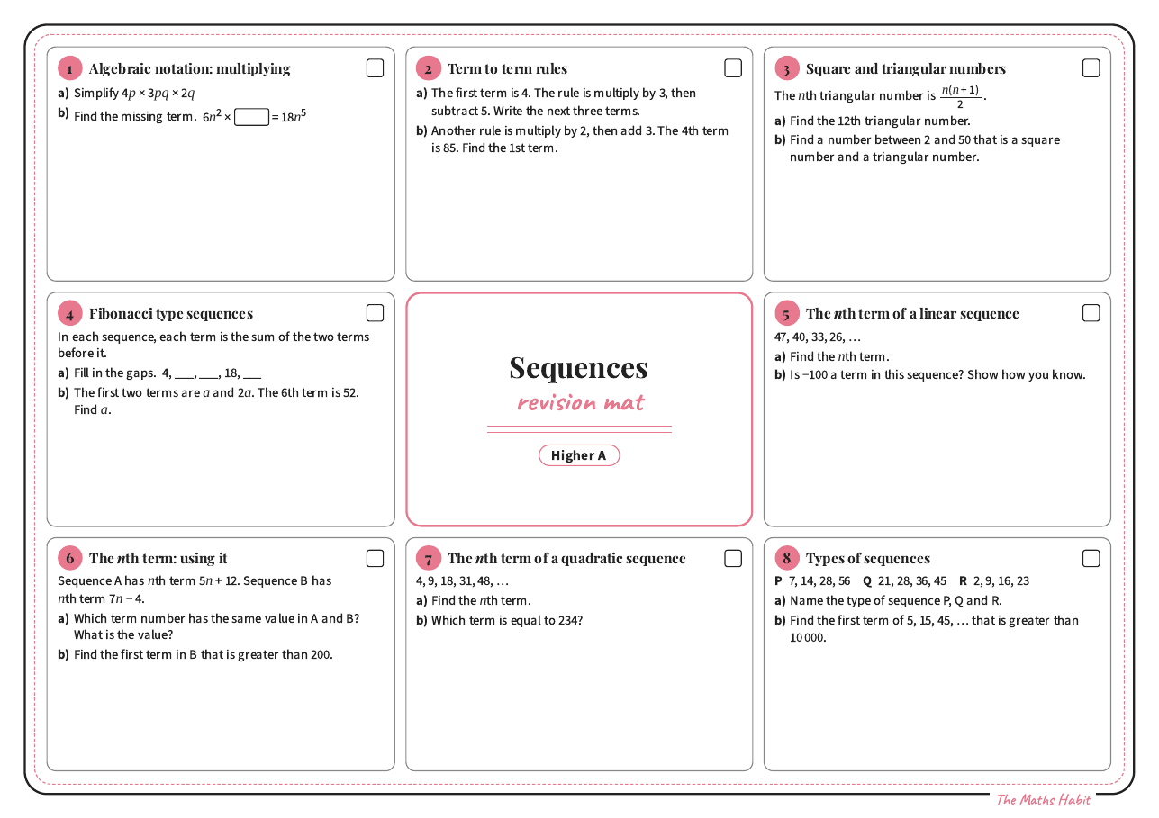 Revision mat: sequences, Higher A, first page