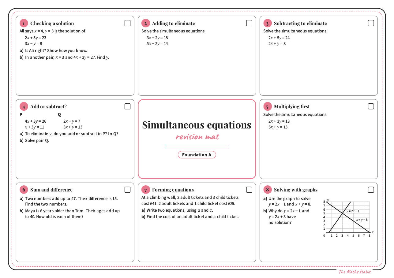 Revision mat: simultaneous equations, Foundation A, first page