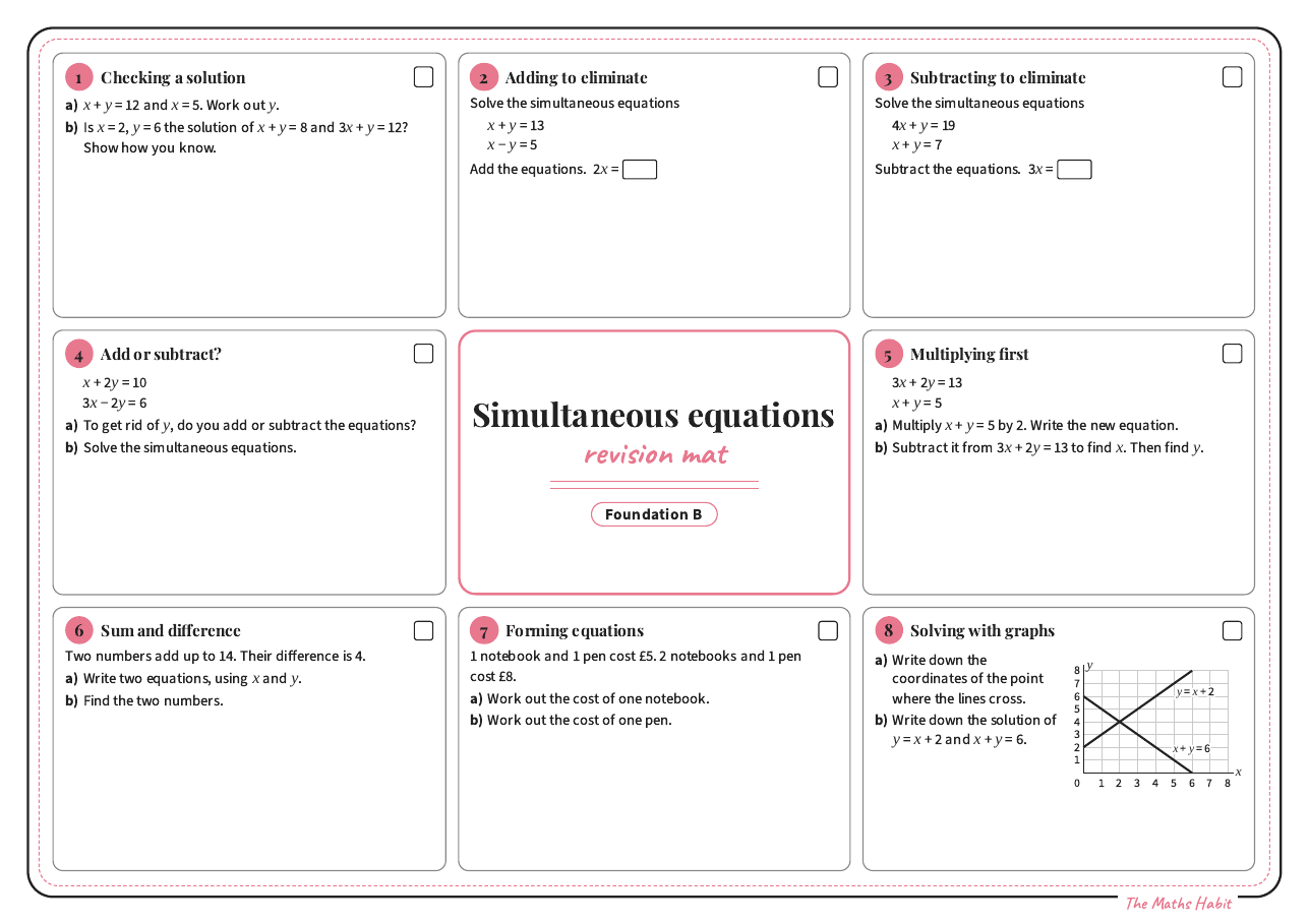 Revision mat: simultaneous equations, Foundation B, first page