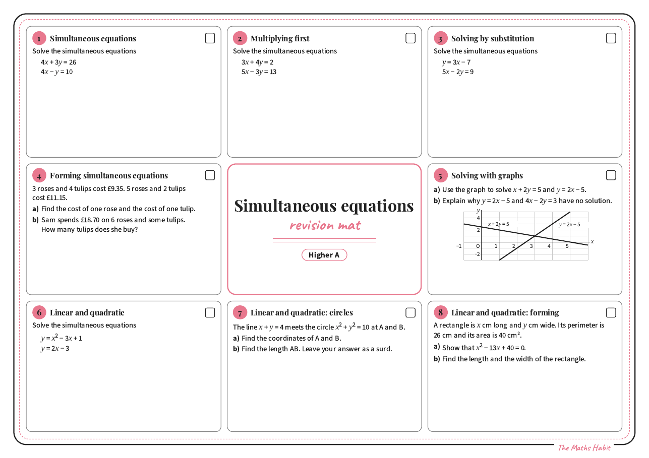 Revision mat: simultaneous equations, Higher A, first page