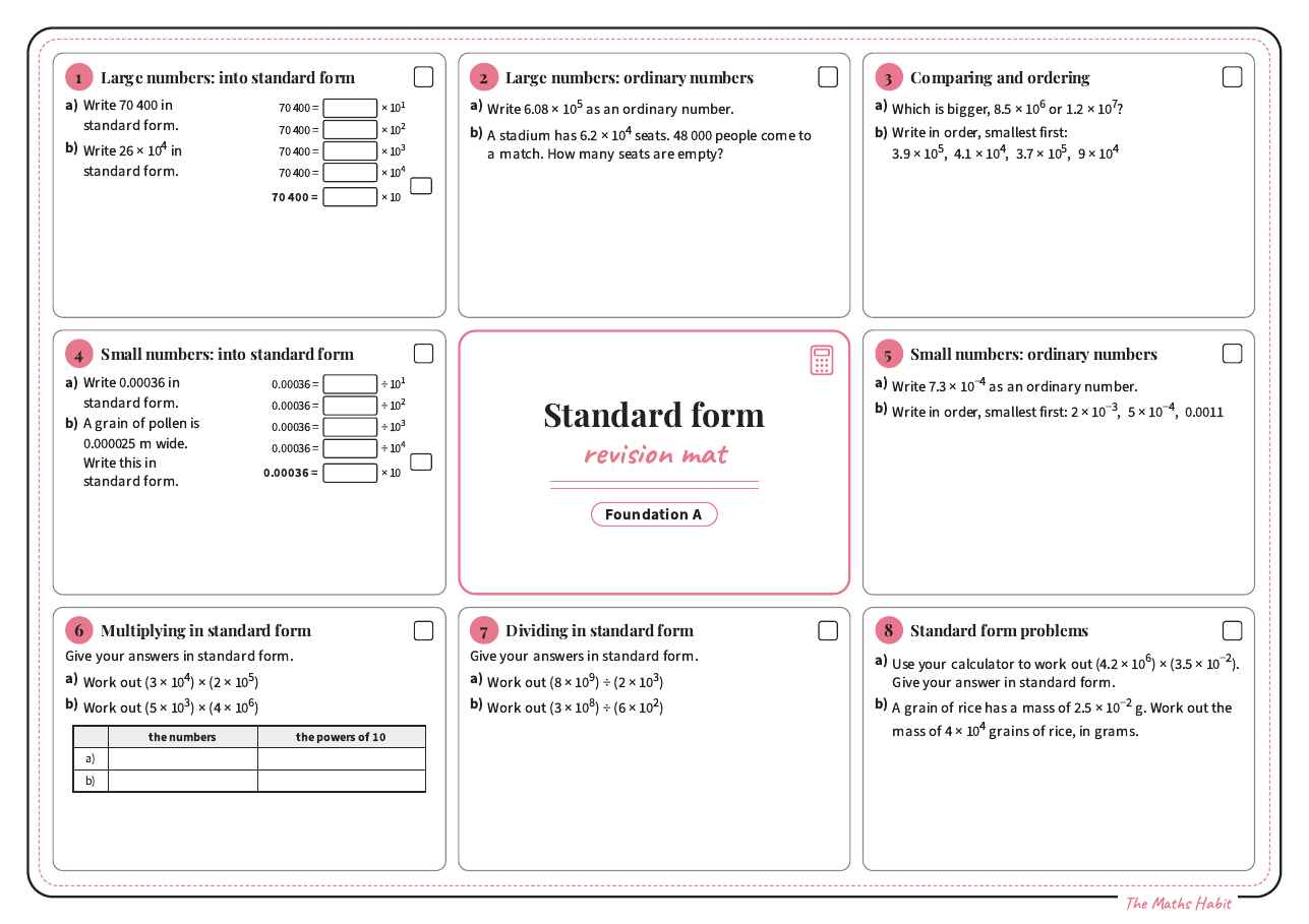 Revision mat: standard form, Foundation A, first page