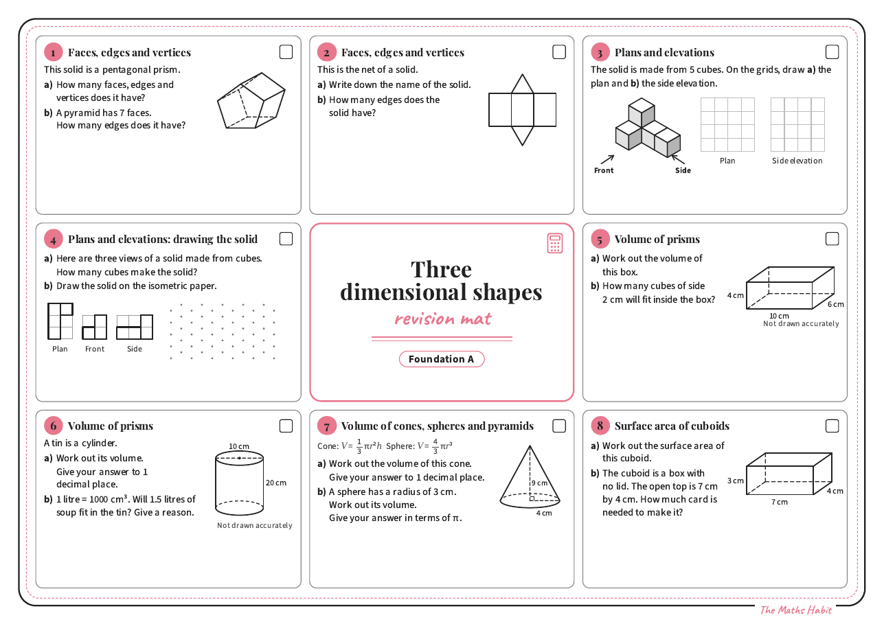 Revision mat: three dimensional shapes, Foundation A, first page