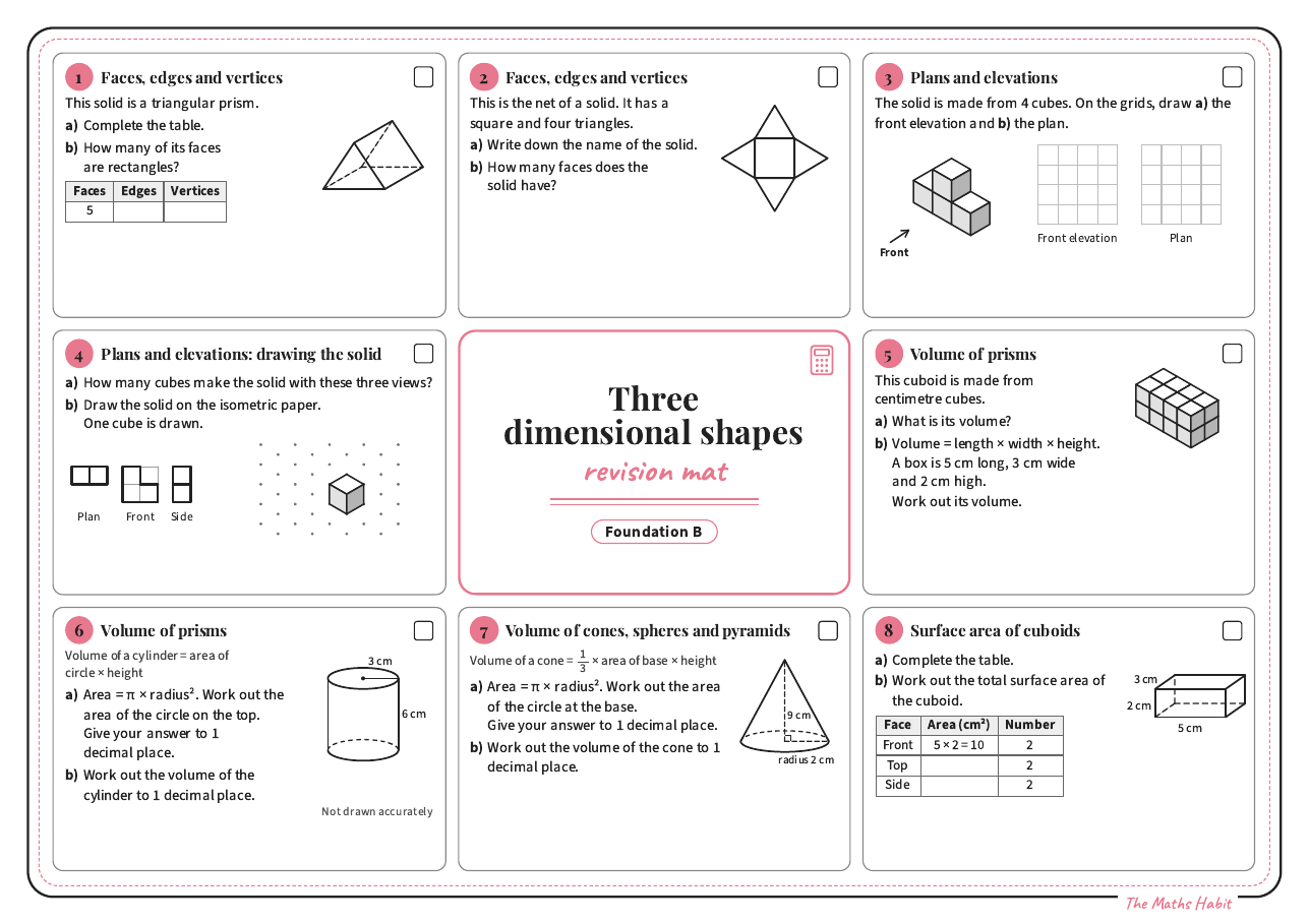 Revision mat: three dimensional shapes, Foundation B, first page