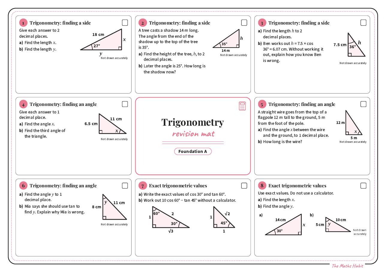 Revision mat: trigonometry, Foundation A, first page