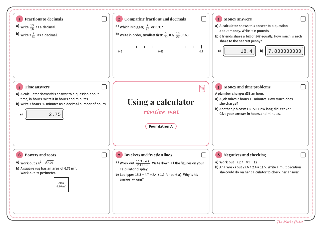 Revision mat: using a calculator, Foundation A, first page