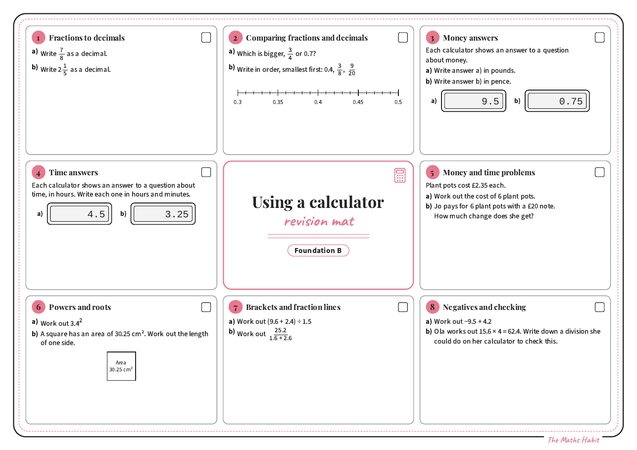 Revision mat: using a calculator, Foundation B, first page