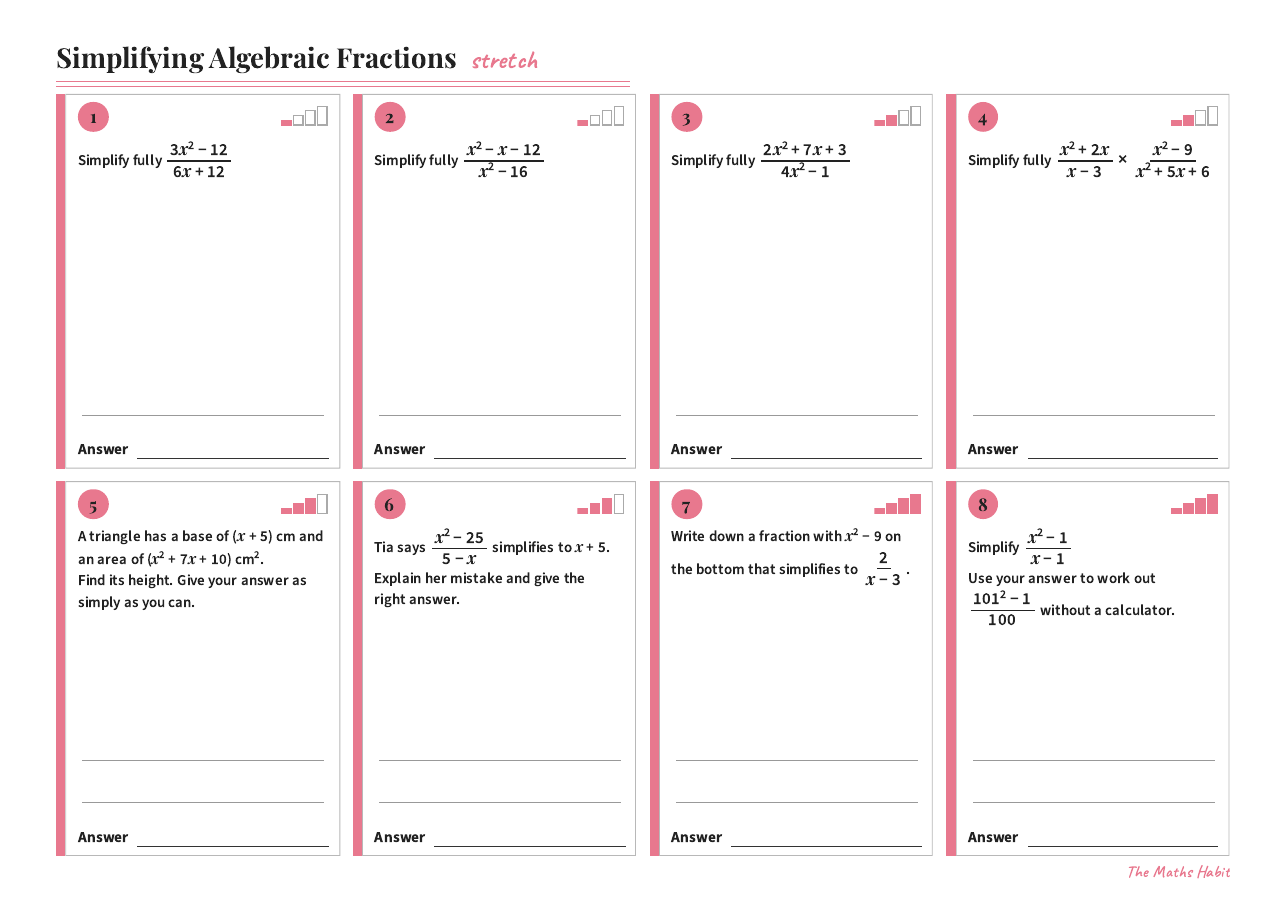 Simplifying algebraic fractions, Stretch, first page