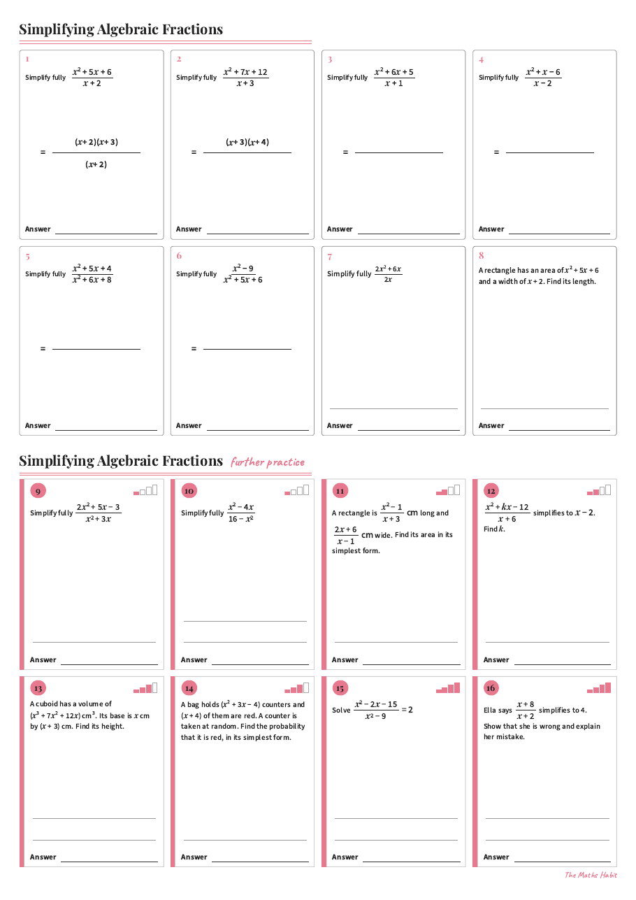 Simplifying algebraic fractions, first page