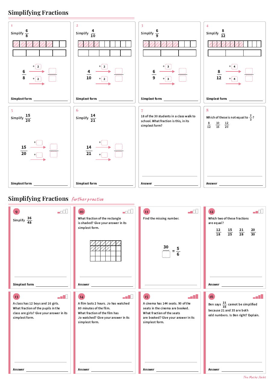 Simplifying fractions, first page