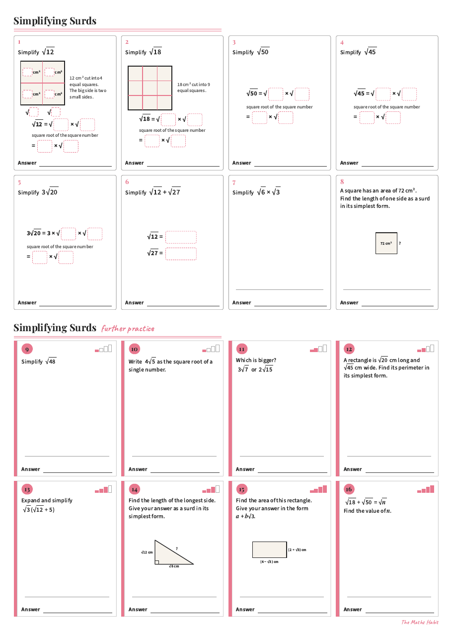 Simplifying surds, first page