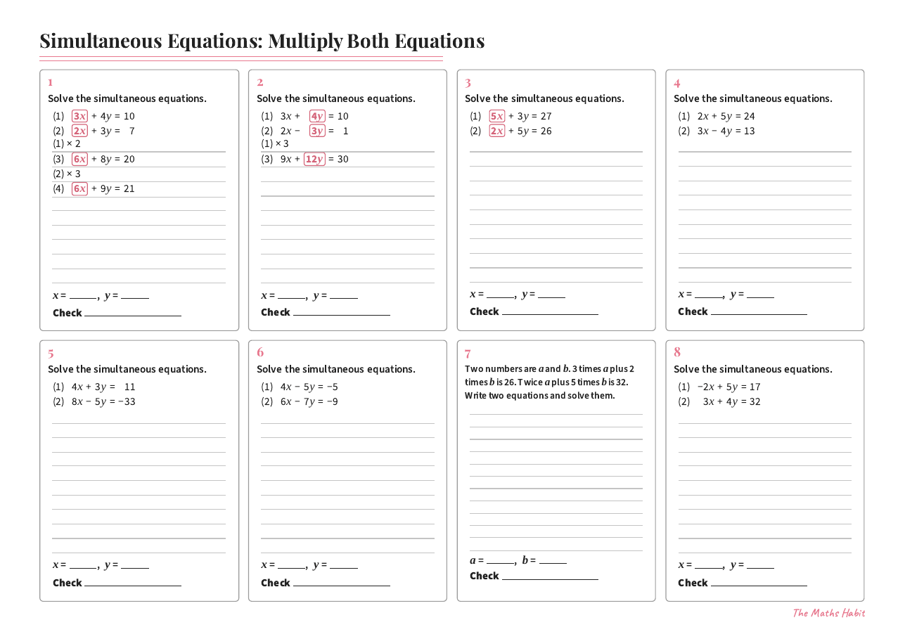 Simultaneous equations: multiply both equations, first page
