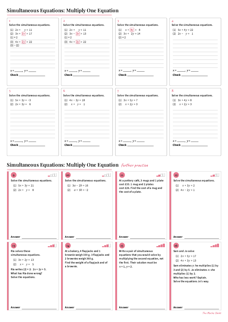 Simultaneous equations: multiply one equation, first page