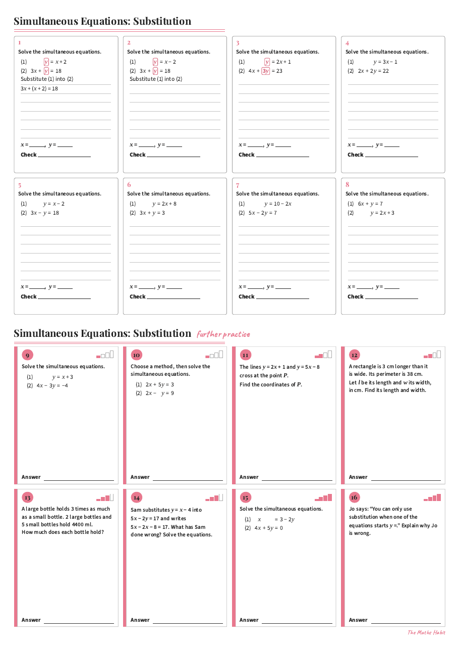 Simultaneous equations: substitution, first page