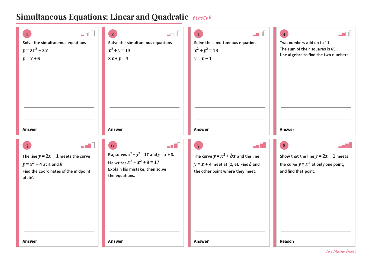 Simultaneous equations: linear and quadratic, Stretch, first page