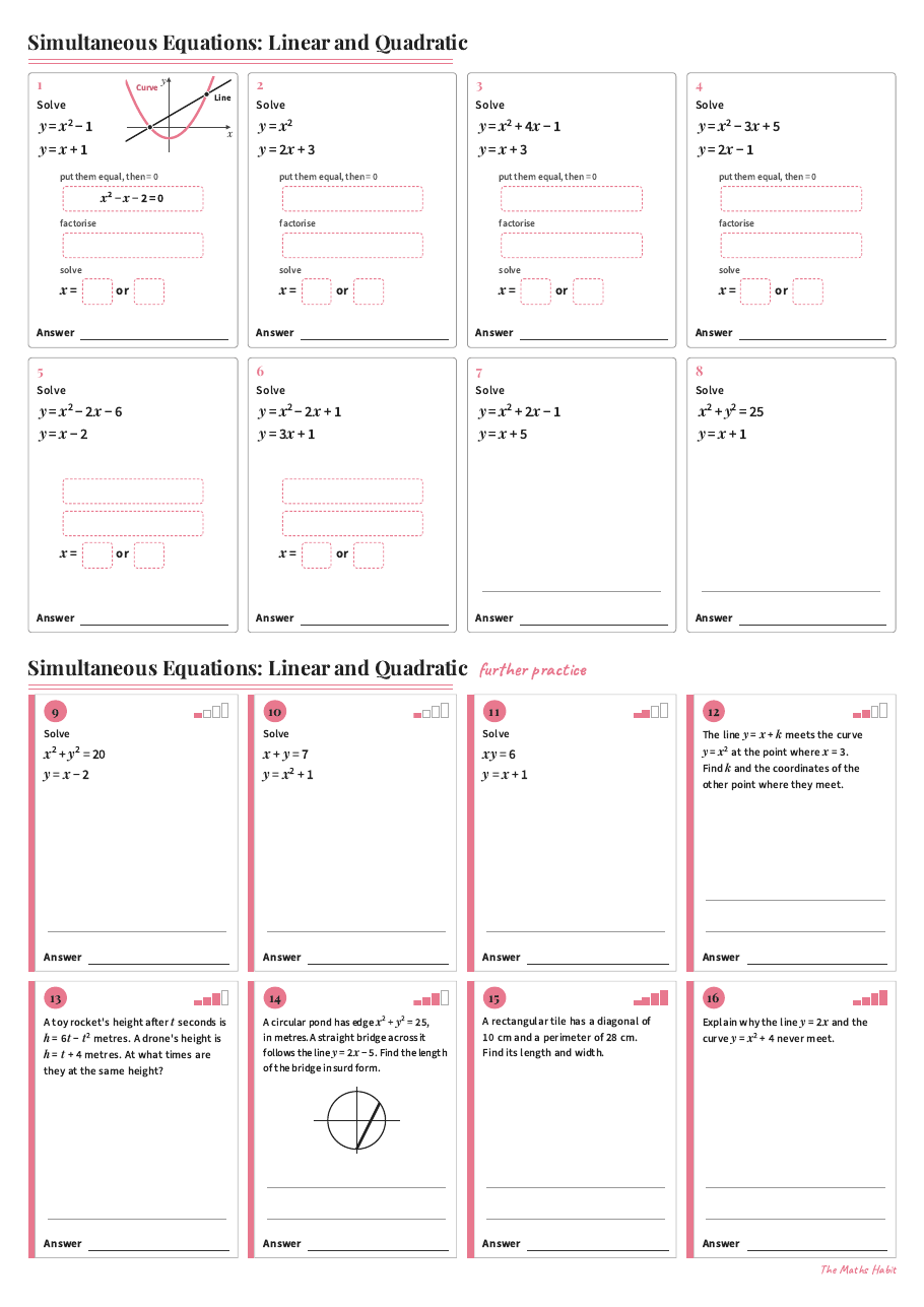 Simultaneous equations: linear and quadratic, first page