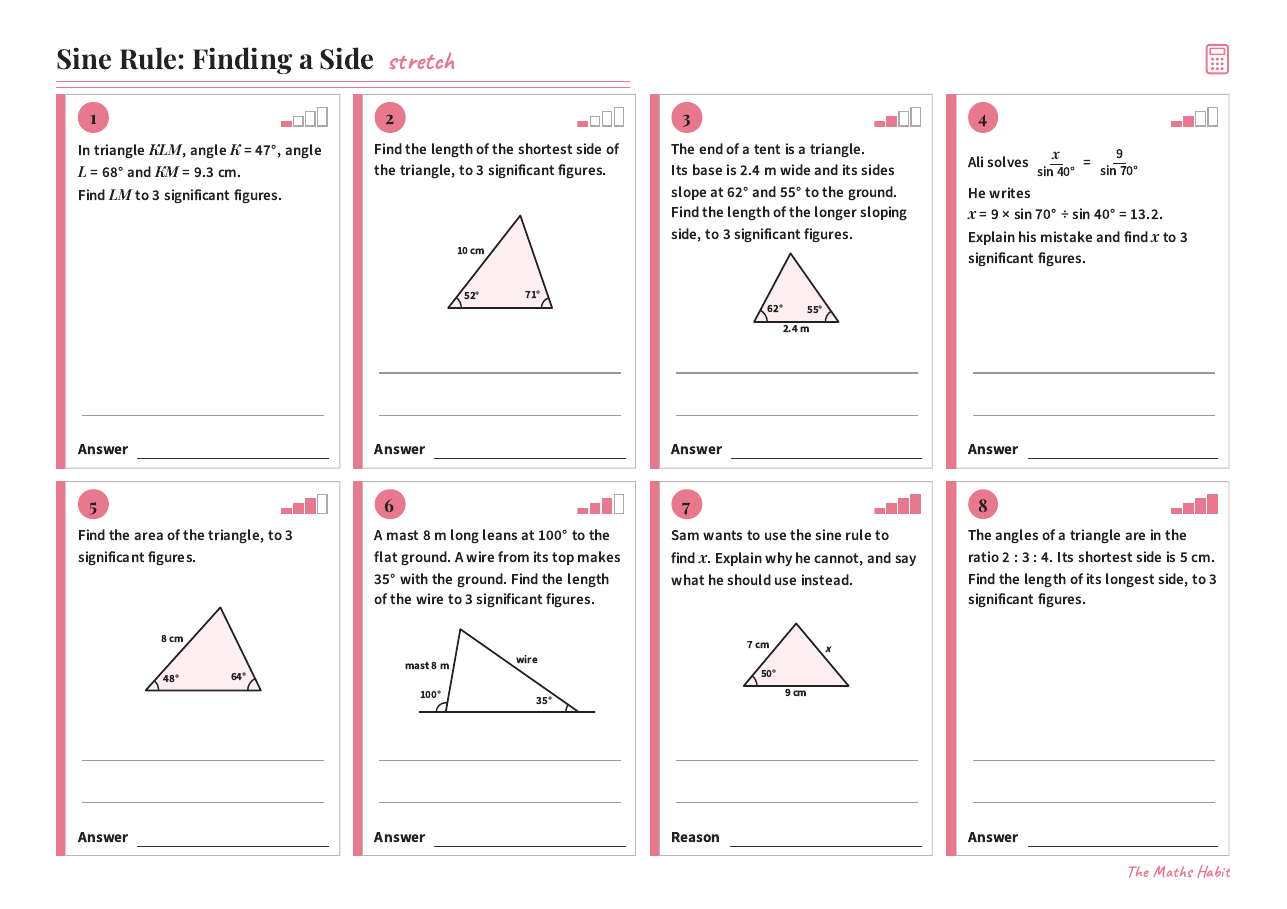 Sine rule: finding a side, Stretch, first page