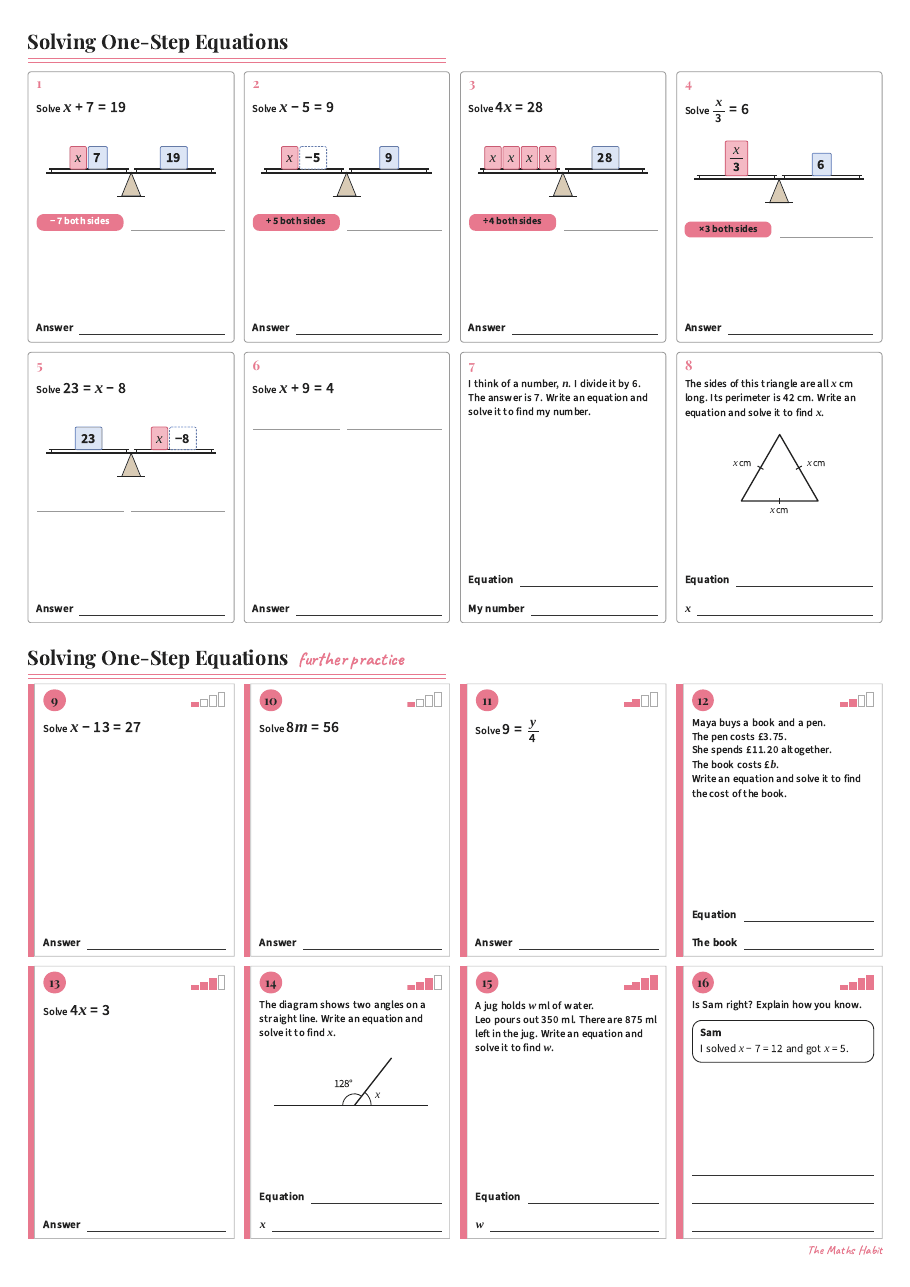 Solving one-step equations, first page