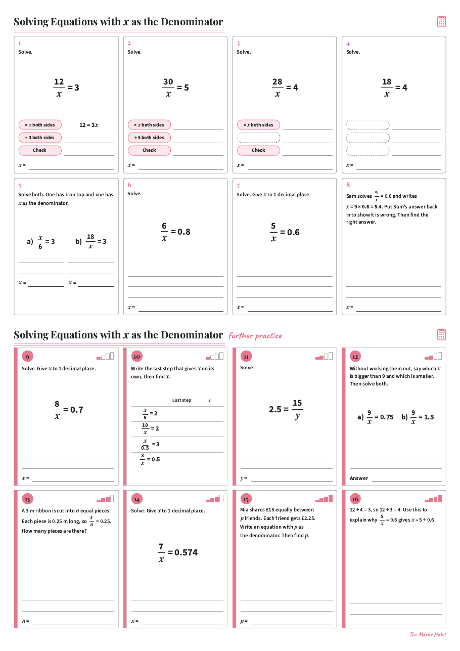 Solving equations with x as the denominator, first page