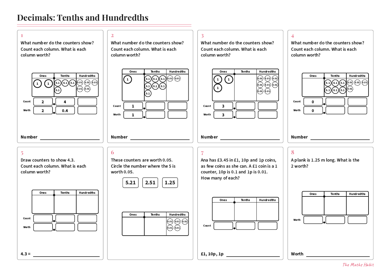 Decimals: tenths and hundredths, first page
