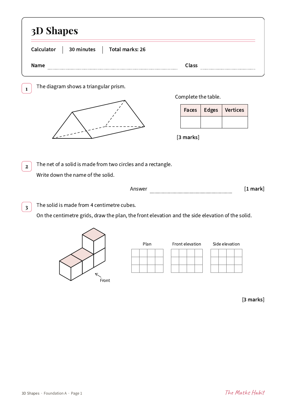 3D shapes test: Foundation A, first page