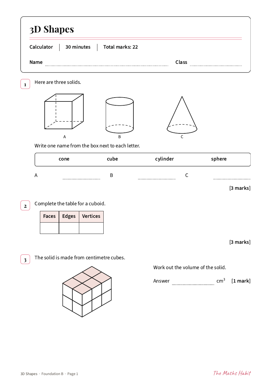 3D shapes test: Foundation B, first page