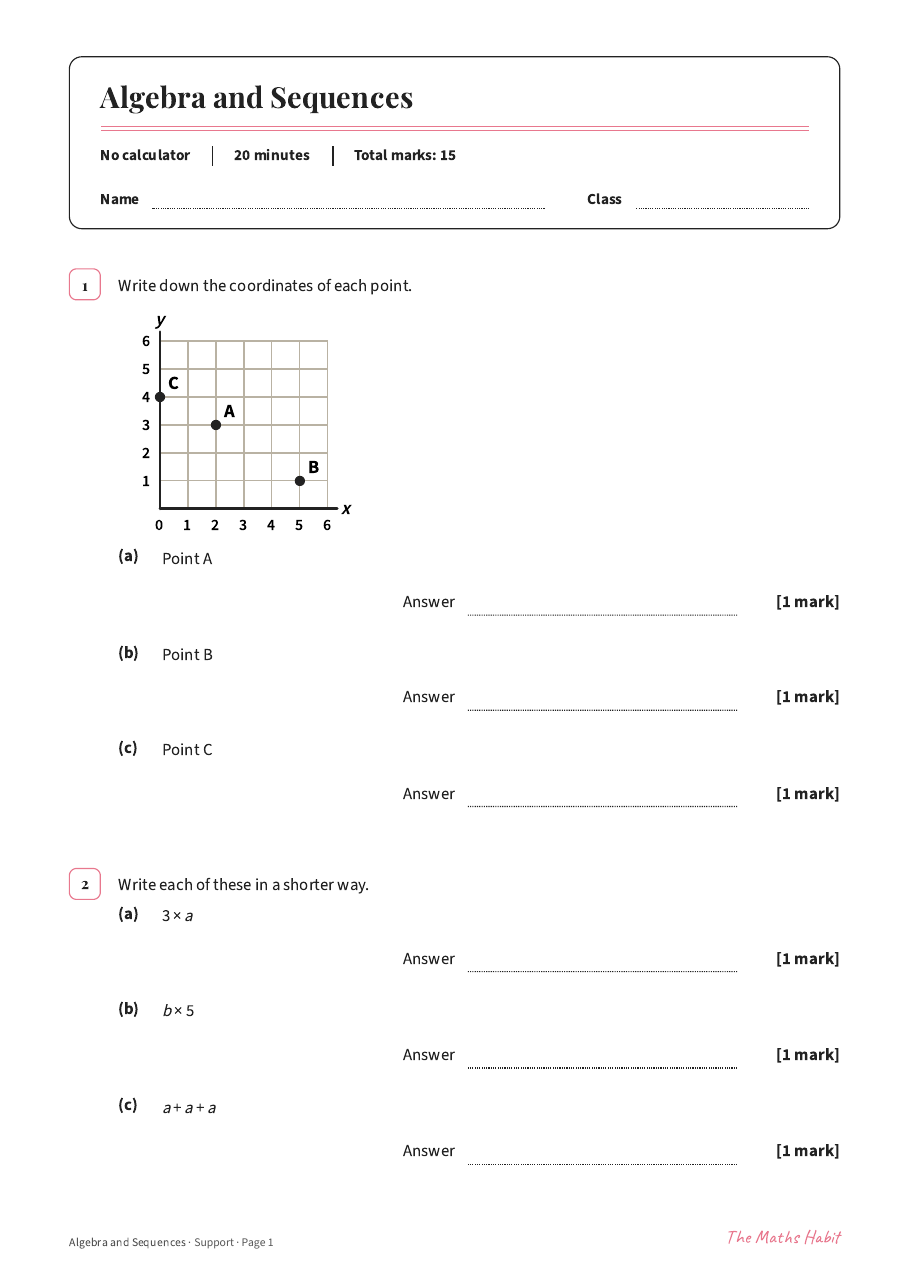 Algebra and sequences test: Support, first page