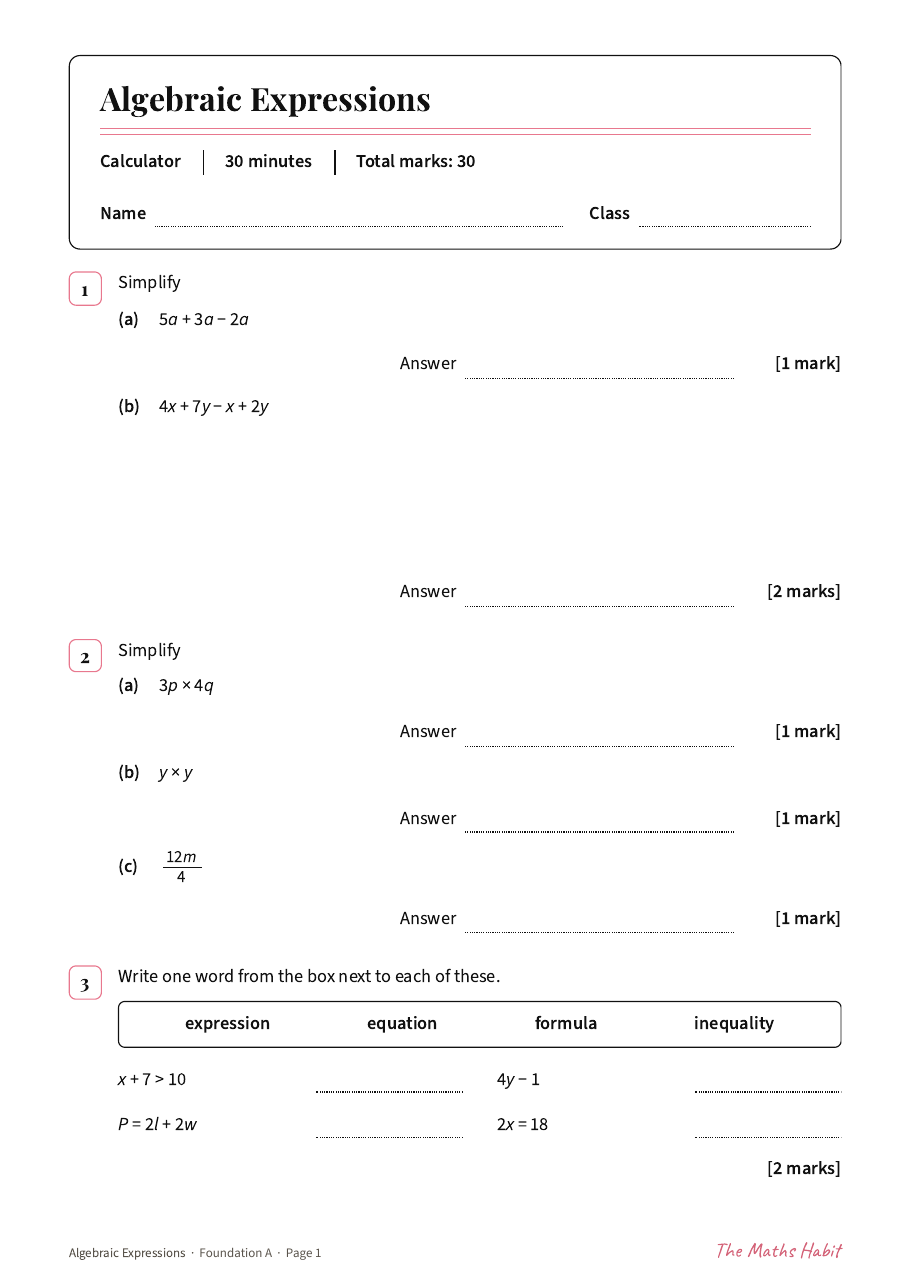 Algebraic expressions test: Foundation A, first page