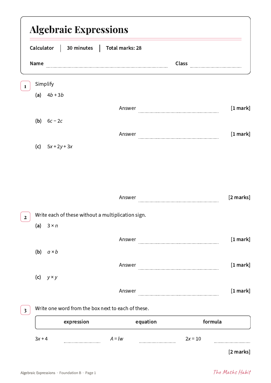 Algebraic expressions test: Foundation B, first page