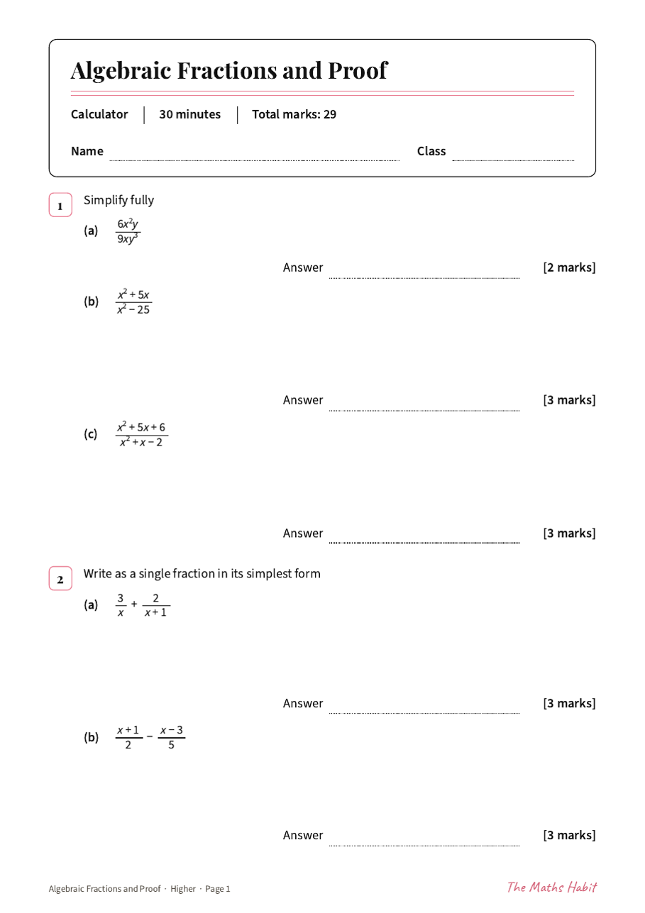 Algebraic fractions and proof test: Higher, first page