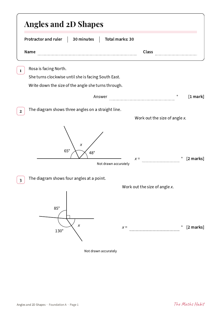 Angles and 2D shapes test: Foundation A, first page